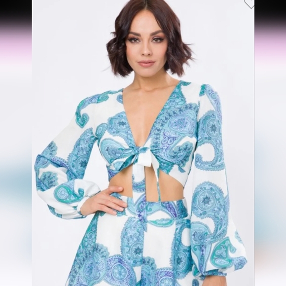 ROSEVELVET Paisley Baroque Print Front Tie-Up CropTop W/bell Sleeves. Small NWT - Picture 4 of 16